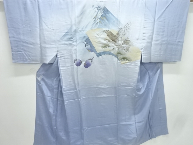 JAPANESE KIMONO / ANTIQUE MENS JUBAN / SILK / HATSUYUME / MT FUJI / HAWK / EGGPLANTS